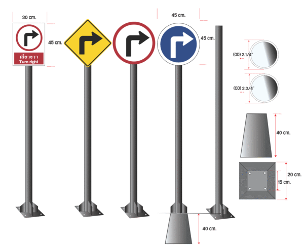 ชุดเสาพร้อมป้ายให้เลี้ยวขวา Turn right sign